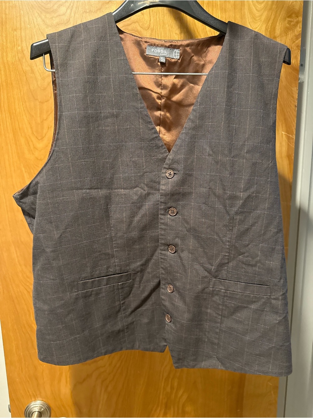 Fossil Brown Plaid Men's Dress Vest with Copper Lining